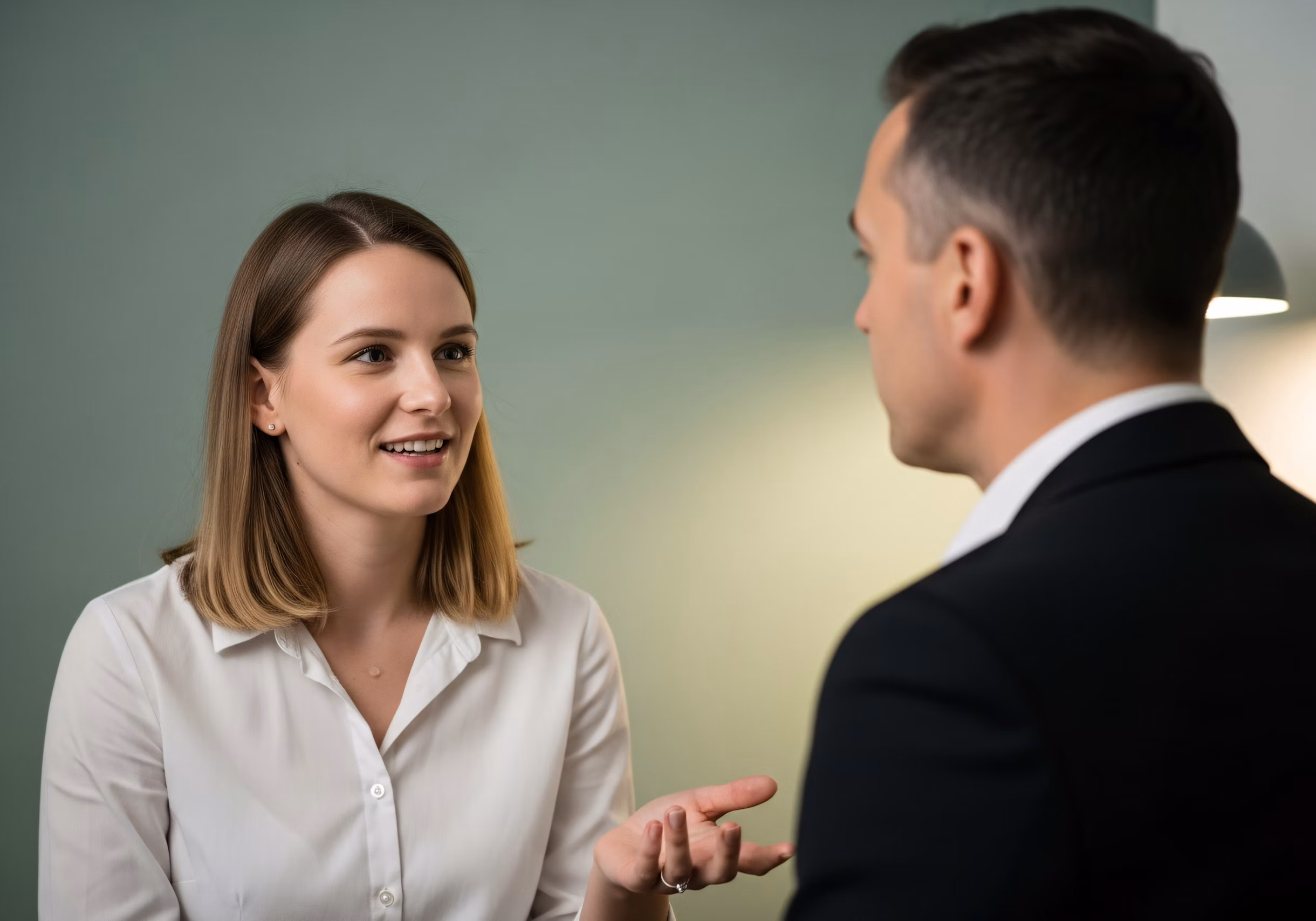 a woman and man having a discussion